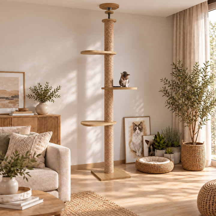 Arbre a chat XXL en bois naturel du sol au plafond avec hamac, Adapté gros chats, Maine Coon - Modèle : "SkyCat"