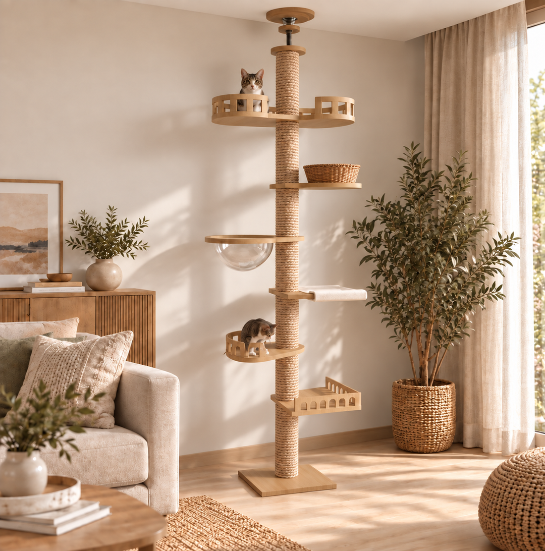 Arbre a chat XXL en bois naturel du sol au plafond avec hamac, Adapté gros chats, Maine Coon - Modèle : "SkyCat"